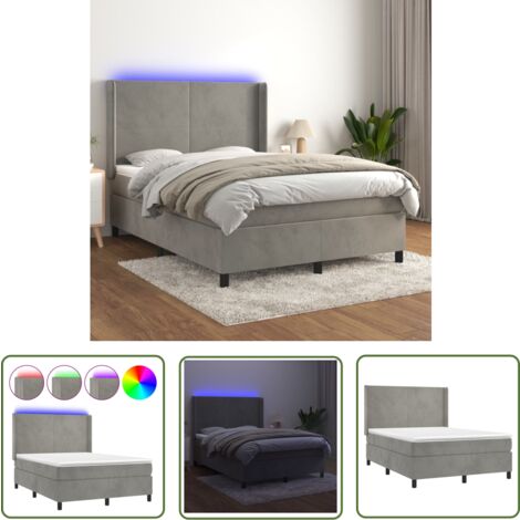 The Living Store Boxspringbett mit Matratze & LED Hellgrau 140x190 cm Samt - Boxspringbett - Samtbett - Doppelbett - Luxusbett - Schlafsofa