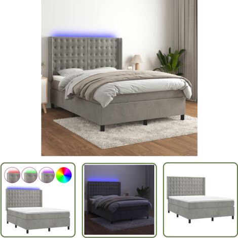The Living Store Boxspringbett mit Matratze & LED Hellgrau 140x190 cm Samt - Boxspringbett - Samtbett - Doppelbett - Luxusbett - Schlafsofa