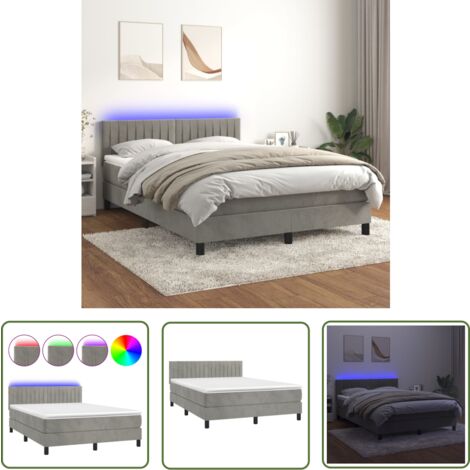 The Living Store Boxspringbett mit Matratze & LED Hellgrau 140x190 cm Samt - Boxspringbett - Samtbettwäsche - Luxusbett - Hochwertiges Bett - Doppelbett