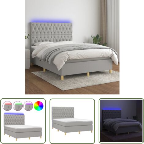 The Living Store Boxspringbett mit Matratze & LED Hellgrau 140x190 cm Stoff - Boxspringbett - Doppelbett - Schlafsofa - Lattenrost - Bettsystem