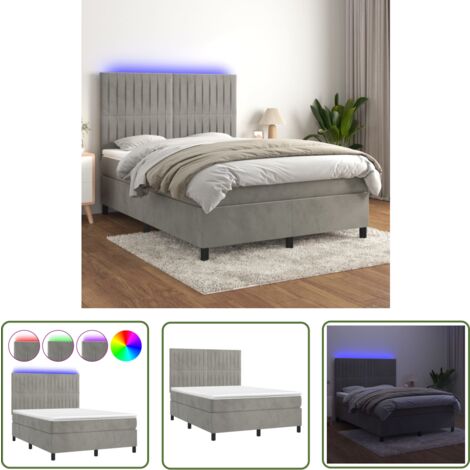 The Living Store Boxspringbett mit Matratze & LED Hellgrau 140x200 cm Samt - Boxspringbett - Doppelbett - Samtbett - Luxusbett - Schlafsofa