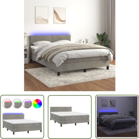 The Living Store Boxspringbett mit Matratze & LED Hellgrau 140x200 cm Samt - Boxspringbett - Samtbett - Luxusbett - Doppelbett - Bett Mit Beleuchtung