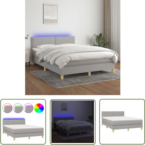 The Living Store Boxspringbett mit Matratze & LED Hellgrau 140x200 cm Stoff - Boxspringbett - Doppelbett - Bettenrahmen - Lattenrost - Massivholzbette