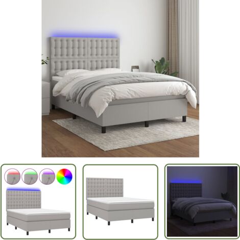 The Living Store Boxspringbett mit Matratze & LED Hellgrau 140x200 cm Stoff - Boxspringbett - Doppelbett - Bettenrahmen - Lattenrost - Matratze