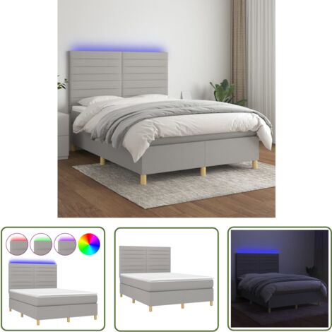 The Living Store Boxspringbett mit Matratze & LED Hellgrau 140x200 cm Stoff - Boxspringbett - Doppelbett - Schlafsofa - Lattenrost - Bettrahmen