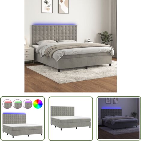 The Living Store Boxspringbett mit Matratze & LED Hellgrau 160x200 cm Samt - Boxspringbett - Doppelbett - Samtbett - Luxusbett - LED-Bett
