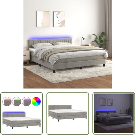 The Living Store Boxspringbett mit Matratze & LED Hellgrau 160x200 cm Samt - Boxspringbett - Samtbett - Doppelbett - LED Beleuchtung - Lattenrost
