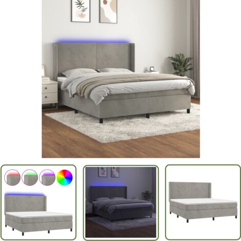 The Living Store Boxspringbett mit Matratze & LED Hellgrau 160x200 cm Samt - Boxspringbett - Samtbett - Doppelbett - LED Beleuchtung - Matratze Inklusive
