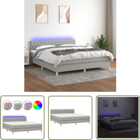 The Living Store Boxspringbett mit Matratze & LED Hellgrau 180x200 cm Stoff - Boxspringbett - Doppelbett - Schlafsystem - Lattenrost - Bettrahmen