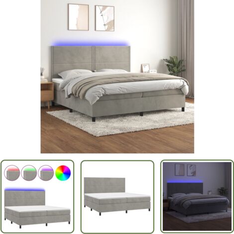The Living Store Boxspringbett mit Matratze & LED Hellgrau 200x200 cm Samt - Boxspringbett - Samtbett - Doppelbett - Luxusbett - Schlafsofa