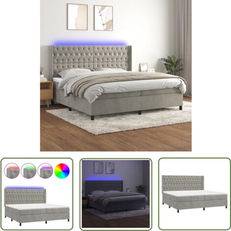The Living Store Boxspringbett mit Matratze & LED Hellgrau 200x200 cm Samt - Boxspringbett - Samtbett - Doppelbett - Luxusbett - Schlafsystem