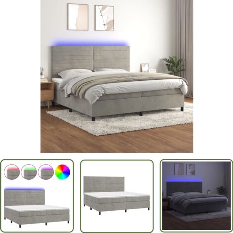 The Living Store Boxspringbett mit Matratze & LED Hellgrau 200x200 cm Samt - Boxspringbett - Samtbett - Luxusbett - Doppelbett - LED-Licht