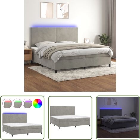 The Living Store Boxspringbett mit Matratze & LED Hellgrau 200x200 cm Samt - Boxspringbett - Samtbett - Luxusbett - Doppelbett - Schlafsofa