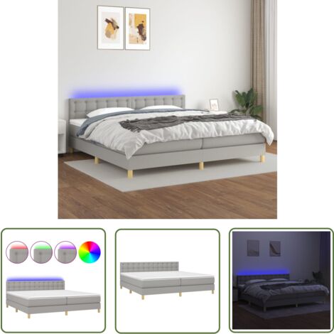 The Living Store Boxspringbett mit Matratze & LED Hellgrau 200x200 cm Stoff - Boxspringbett - Doppelbett - Bettsofa - Lattenrost - Massivholzbette