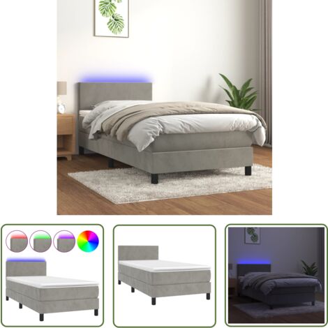 The Living Store Boxspringbett mit Matratze & LED Hellgrau 90x190 cm Samt - Boxspringbett - Samtbettwäsche - Luxusbett - Doppelbett - Schlafsofa