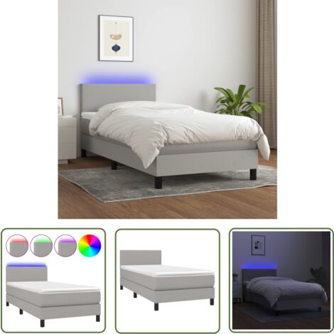 The Living Store Boxspringbett mit Matratze & LED Hellgrau 90x190 cm Stoff - Boxspringbett - Doppelbett - Bettenrahmen - Schlafsystem - Lattenrost