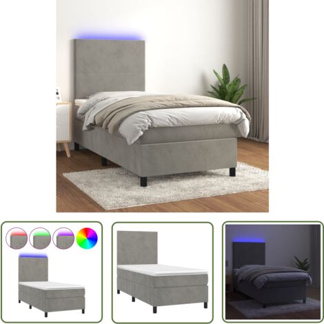 The Living Store Boxspringbett mit Matratze & LED Hellgrau 90x200 cm Samt - Boxspringbett - Samtbett - Doppelbett - Liegefläche 90x200 Cm - LED Beleuchtung