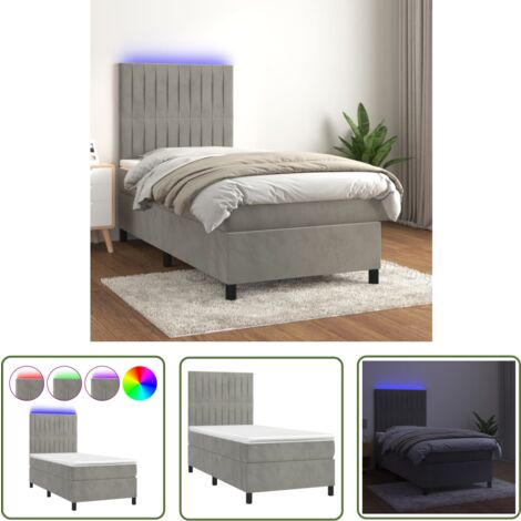 The Living Store Boxspringbett mit Matratze & LED Hellgrau 90x200 cm Samt - Boxspringbett - Samtbett - Doppelbett - Liegefläche 90x200 Cm - LED Beleuchtung