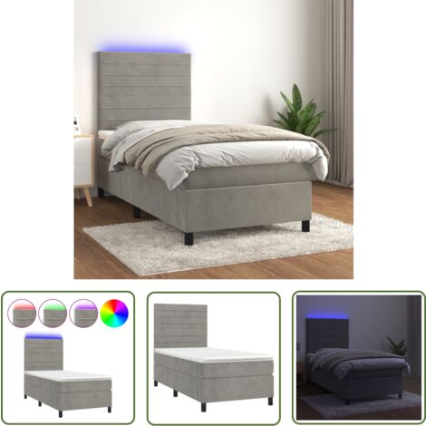 The Living Store Boxspringbett mit Matratze & LED Hellgrau 90x200 cm Samt - Boxspringbett - Samtbett - Doppelbett - Liegefläche 90x200 Cm - LED Beleuchtung