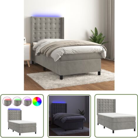 The Living Store Boxspringbett mit Matratze & LED Hellgrau 90x200 cm Samt - Boxspringbett - Samtbett - Doppelbett - Luxusbett - Schlafsystem