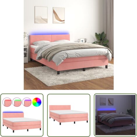 The Living Store Boxspringbett mit Matratze & LED Rosa 140x190 cm Samt - Boxspringbett - Doppelbett - Samtbett - Rosa Bett - LED Bett