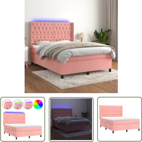 The Living Store Boxspringbett mit Matratze & LED Rosa 140x200 cm Samt - Boxspringbett - Samtbett - Kinderzimmer - Jugendzimmer - Doppelbett
