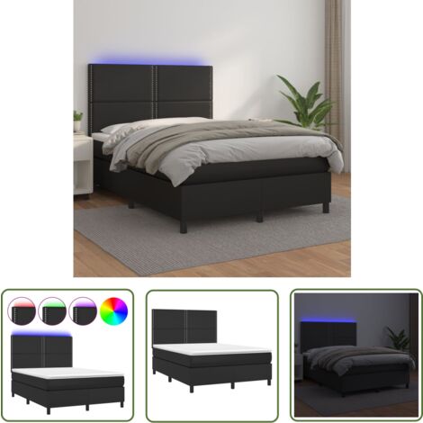 The Living Store Boxspringbett mit Matratze & LED Schwarz 140x200 cm Kunstleder - Boxspringbett - Doppelbett - Bettenrahmen - Lederbettwäsche - Luxusbett
