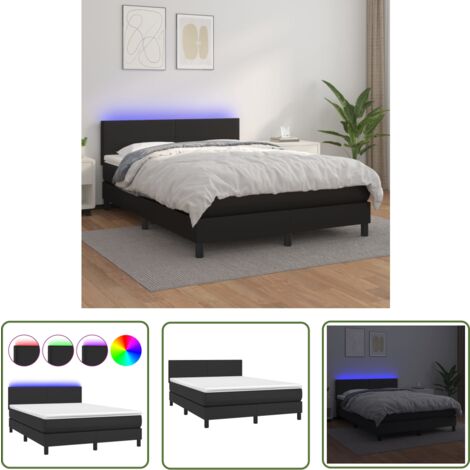 The Living Store Boxspringbett mit Matratze & LED Schwarz 140x200 cm Kunstleder - Boxspringbett - Doppelbett - Schlafzimmermöbel - Lederbetten - Luxusbett