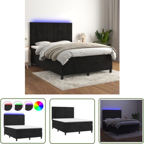 The Living Store Boxspringbett mit Matratze & LED Schwarz 140x200 cm Samt - Boxspringbett - Doppelbett - Samtbett - Luxusbett - Schlafzimmermöbel