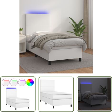 The Living Store Boxspringbett mit Matratze & LED Weiß 100x200 cm Kunstleder - Boxspringbett - Bettenrahmen - Lederbettwäsche - Doppelbett - Weißes Bett