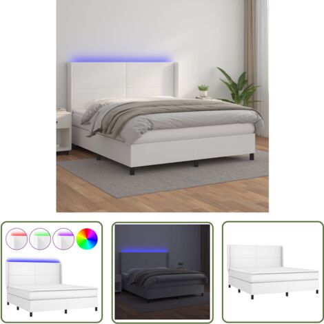 The Living Store Boxspringbett mit Matratze & LED Weiß 180x200 cm Kunstleder - Boxspringbett - Doppelbett - Bettenrahmen - Lederbettwäsche - Luxusbett