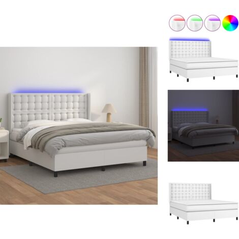 The Living Store Boxspringbett mit Matratze & LED Weiß 180x200 cm Kunstleder - Kunstlederbett