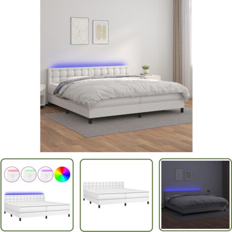 The Living Store Boxspringbett mit Matratze & LED Weiß 200x200 cm Kunstleder - Boxspringbett - Doppelbett - Bettenrahmen - Lederbettwäsche - Luxusbett