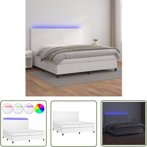 The Living Store Boxspringbett mit Matratze & LED Weiß 200x200 cm Kunstleder - Boxspringbett - Doppelbett - Bettenrahmen - Lederbettwäsche - Luxusbett