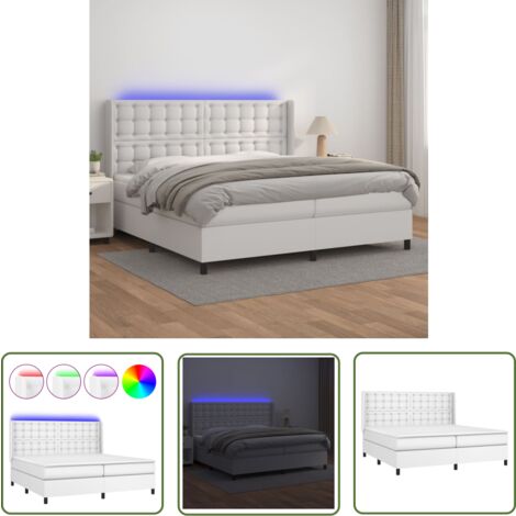 The Living Store Boxspringbett mit Matratze & LED Weiß 200x200 cm Kunstleder - Boxspringbett - Doppelbett - Bettenrahmen - Lederbettwäsche - Luxusbett
