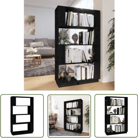 The Living Store Bücherregal/Raumteiler Schwarz 80x25x132 cm Massivholz Kiefer - Holzregal - Buche - Bücherregal Schwarz - Regal Massiv - Sideboard