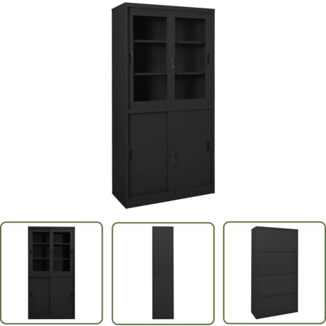 The Living Store Büroschrank mit Schiebetür Anthrazit 90x40x180 cm Stahl - Schreibtischschrank - Büroorganisation - Stauraum - Metallschrank - Glasschrank