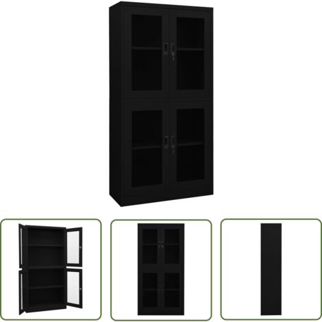 The Living Store Büroschrank Schwarz 90x40x180 cm Stahl und Hartglas - Aktenschrank - Büroorganisation - Stauraum - Metallschrank - Schreibtischschränkchen