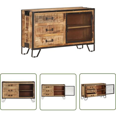 The Living Store Buffet 100x31x60 cm Bois de manguier massif brut - Buffet Industriel - Meuble Rangement - Bois De Manguier - Design Rustique - Armoire Ouverte