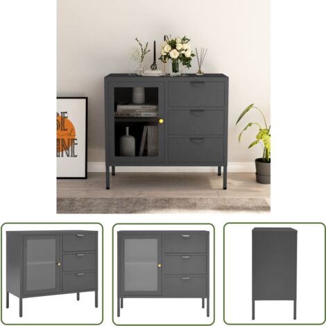The Living Store Buffet Anthracite 75x35x70 cm Acier et verre trempé - Buffet - Meuble De Rangement - Buffet Moderne - Mobilier Intérieur - Meubles De Salon