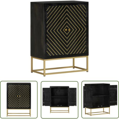 The Living Store Buffet avec 2 portes noir et doré 55x30x75 cm manguier - Buffet - Armoire - Meuble De Rangement - Mobilier - Design Intemporel