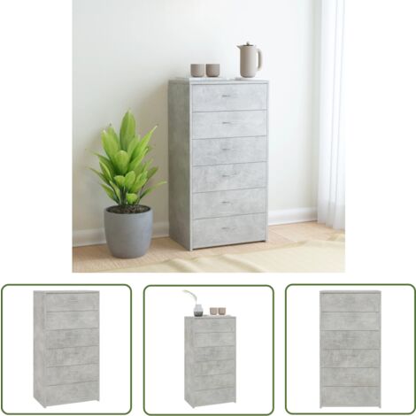 The Living Store Buffet avec 6 tiroirs Gris béton 50x34x96 cm Bois d'ingénierie - Buffet - Meuble De Rangement - Armoire - Commode - Tiroir