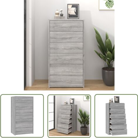 The Living Store Buffet avec 6 tiroirs Sonoma gris 50x34x96 cm Bois d'ingénierie - Buffet - Meuble De Rangement - Armoire - Commode - Mobilier Moderne