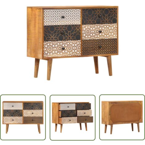 The Living Store Buffet avec motif imprimé 90x30x70 cm Bois de manguier massif - Armoire - Buffet - Meuble De Rangement - Mobilier - Bois De Manguier