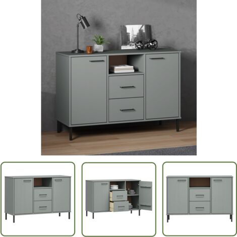The Living Store Buffet avec pieds en métal Gris 113x40x77 cm Bois massif OSLO - Buffet Industriel - Meuble Rangement - Buffet Bois - Commode Moderne - Armoire Cuisine
