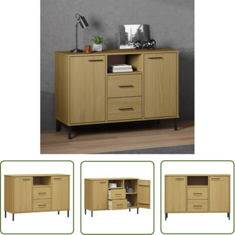 The Living Store Buffet avec pieds en métal Marron 113x40x77 cm Bois massif OSLO - Buffet Industriel - Meuble Rangement - Buffet Bois - Buffet Design - Mobilier Salon