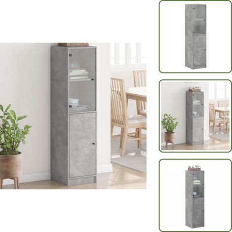 The Living Store Buffet avec porte en verre gris béton 35x37x142 cm - Buffet Design - Meuble Rangement - Armoire Moderne - Vitrine Ouverte - Mobilier Salon