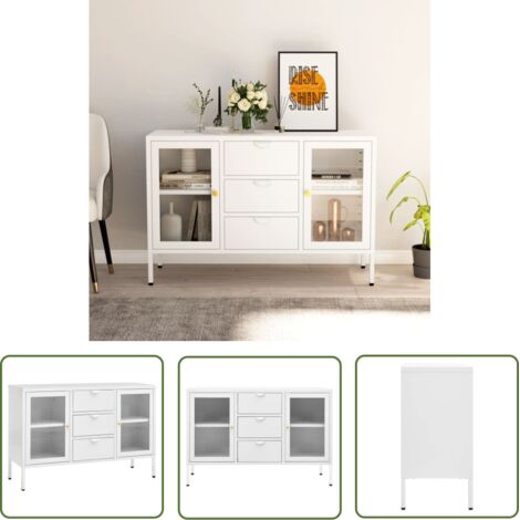 The Living Store Buffet Blanc 105x35x70 cm Acier et verre trempé - Buffet Blanc - Meuble De Rangement - Buffet Moderne - Buffet Industriel - Buffet Cuisine