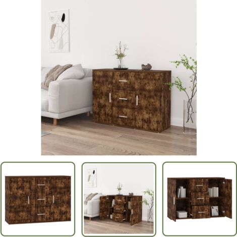 The Living Store Buffet Chêne fumé 91x29,5x65 cm Bois d'ingénierie - Buffet - Meuble TV - Armoire - Rangement - Bois D'ingénierie