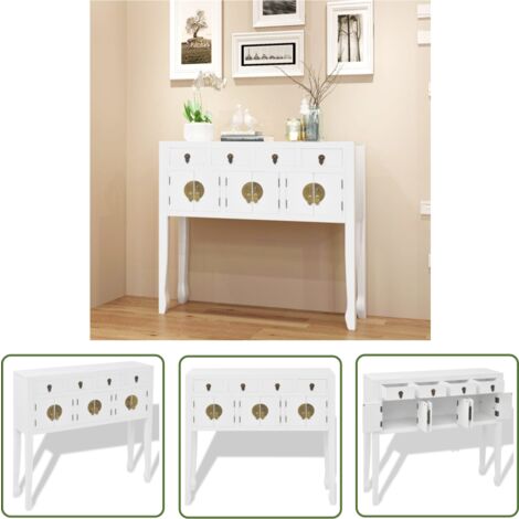 The Living Store Buffet en style chinois en bois massif Blanc - Buffet - Meuble Tv - Commode - Armoire - Mobilier Oriental